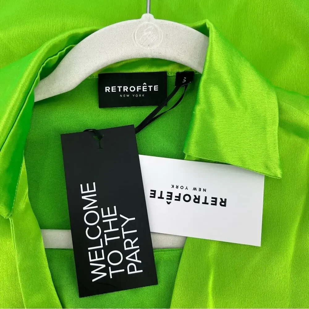RETROFETE Knot-Detail Cut-Out Shirtdress Lime Green Deep V-Neck Tie Front Sm NEW - Picture 12 of 16